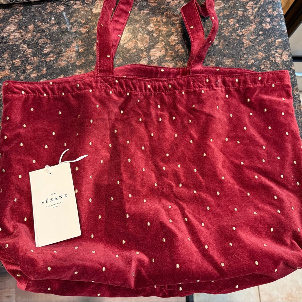 Sézane Tote Bag- Burgundy Embroidered with Gold polka dots
